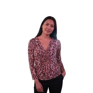 AB Studio size large pink Geometric Print Dolman Sleeve V-Neck Top Size Y2K